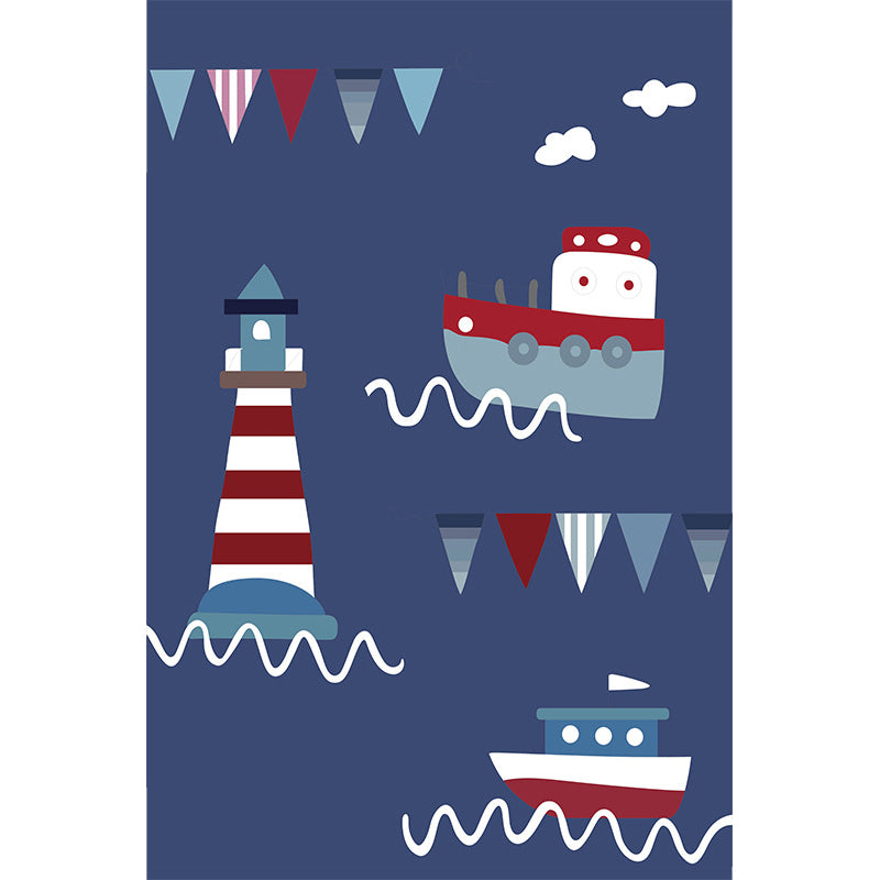Lisslune | Blue Children's Carpet Polyester Lantern and Ship Pattern Carpet Pet Friendly Washable Non-Slip Backing Carpet for Decoration