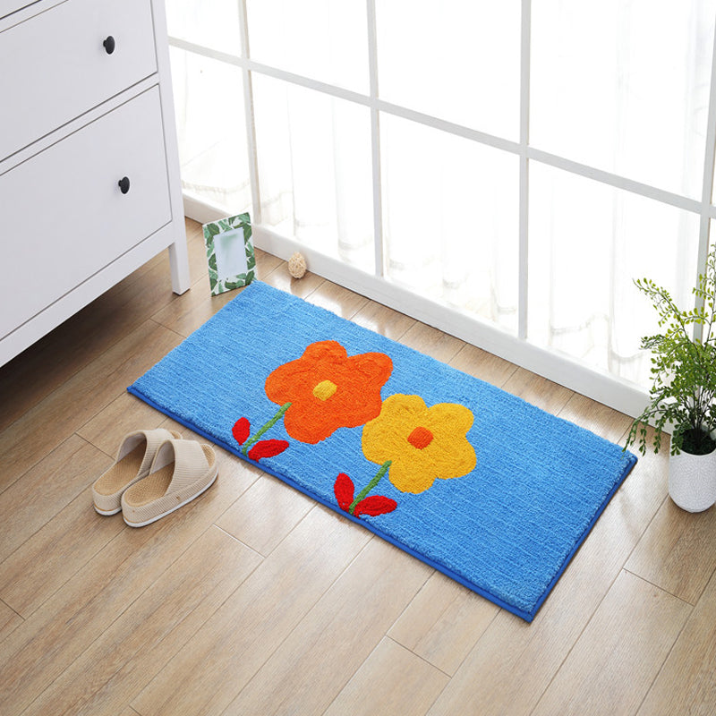 Lisslune | Blue and orange children's carpet polyester leaf and flower pattern carpet pet-friendly washable non-slip backing carpet for decoration