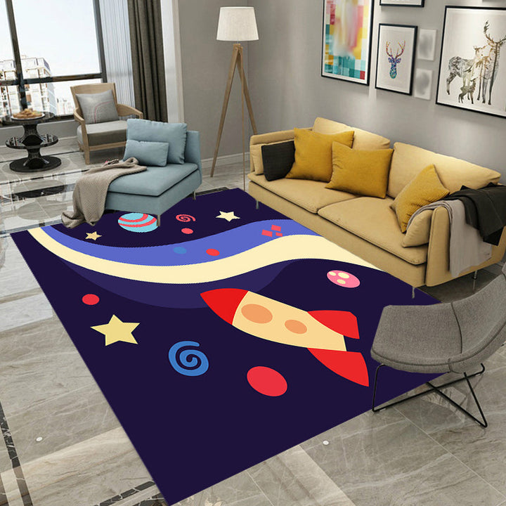Lisslune | Children's Spaceship Pattern Rug with Planet Dark Blue Polyester Rug Washable Pet-Friendly Non-Slip Rug for the Children's Room