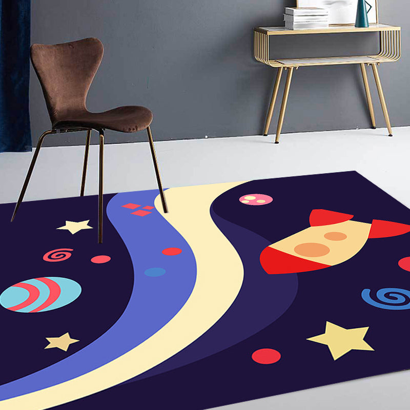 Lisslune | Children's Spaceship Pattern Rug with Planet Dark Blue Polyester Rug Washable Pet-Friendly Non-Slip Rug for the Children's Room
