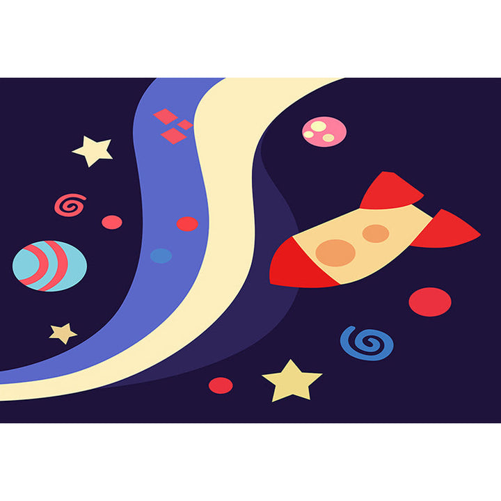 Lisslune | Children's Spaceship Pattern Rug with Planet Dark Blue Polyester Rug Washable Pet-Friendly Non-Slip Rug for the Children's Room