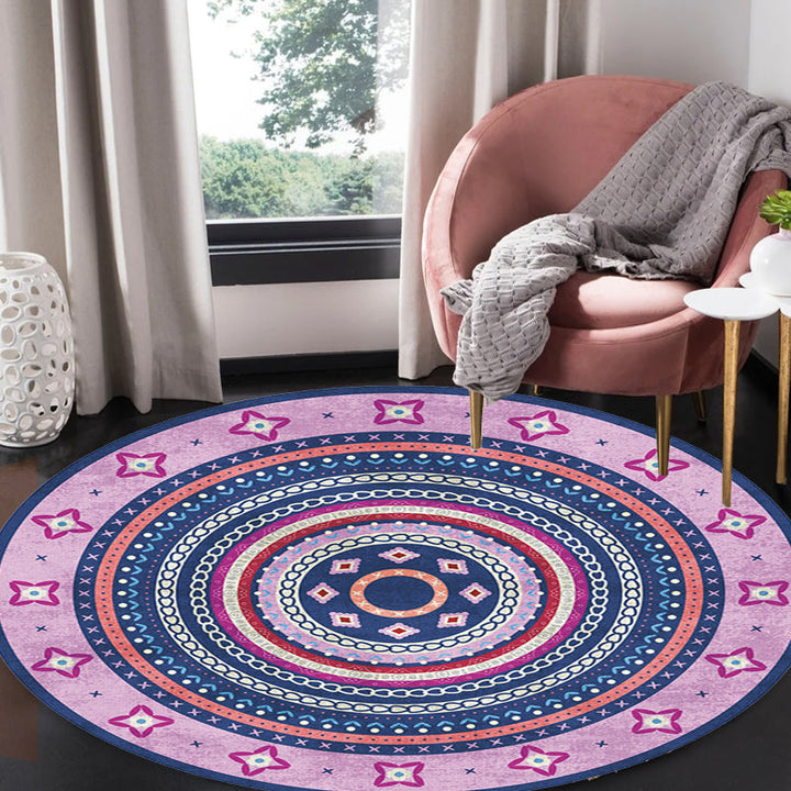 Lisslune | Moroccan tribal circles pattern rug multicolor boho rug polyester pet-friendly non-slip backing washable area rug for the living room