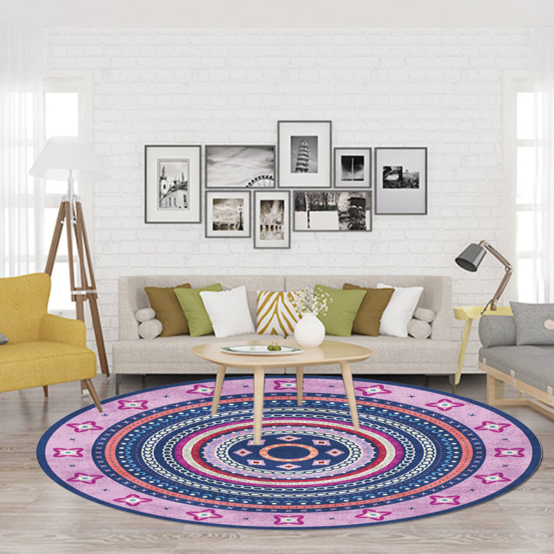 Lisslune | Moroccan tribal circles pattern rug multicolor boho rug polyester pet-friendly non-slip backing washable area rug for the living room