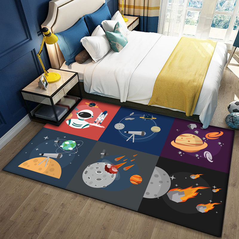 Lisslune | Black and Blue Kids Rug Polyester Space and Beach Pattern Rug Pet Friendly Washable Non-Slip Backing Carpet for Decoration