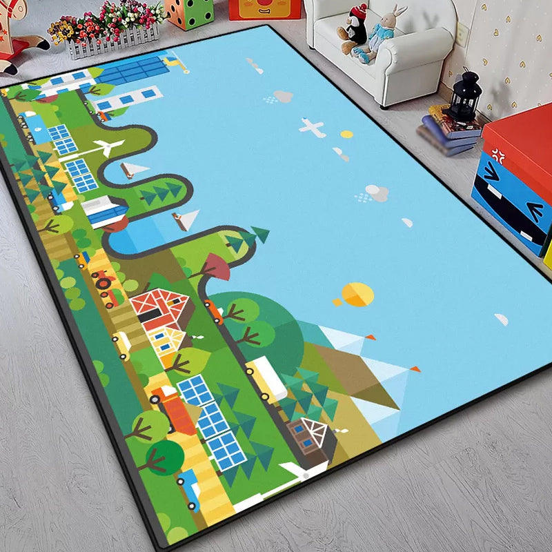 Lisslune | Unique Construction Pattern Rug Blue Children's Rug Polyester Washable Pet-Friendly Non-Slip Rug for the Children's Room