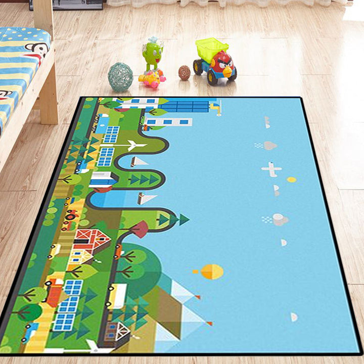 Lisslune | Unique Construction Pattern Rug Blue Children's Rug Polyester Washable Pet-Friendly Non-Slip Rug for the Children's Room