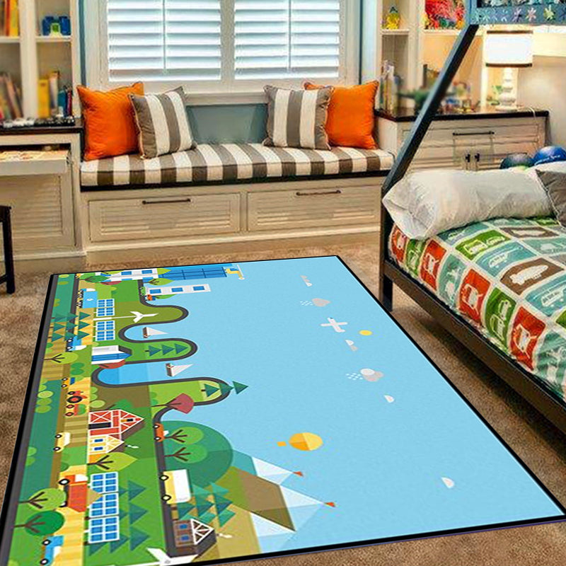 Lisslune | Unique Construction Pattern Rug Blue Children's Rug Polyester Washable Pet-Friendly Non-Slip Rug for the Children's Room