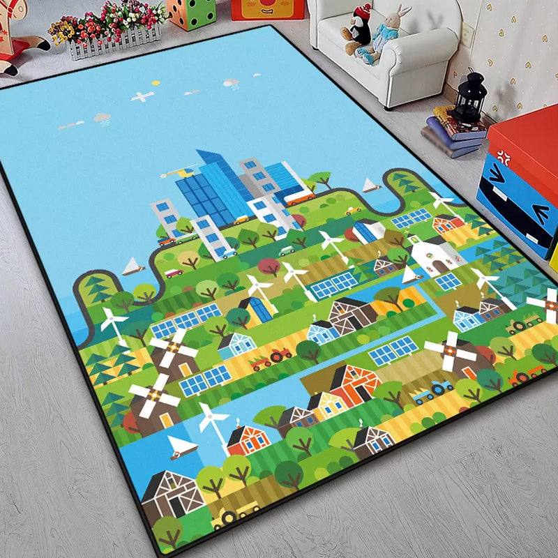 Lisslune | Unique Construction Pattern Rug Blue Children's Rug Polyester Washable Pet-Friendly Non-Slip Rug for the Children's Room