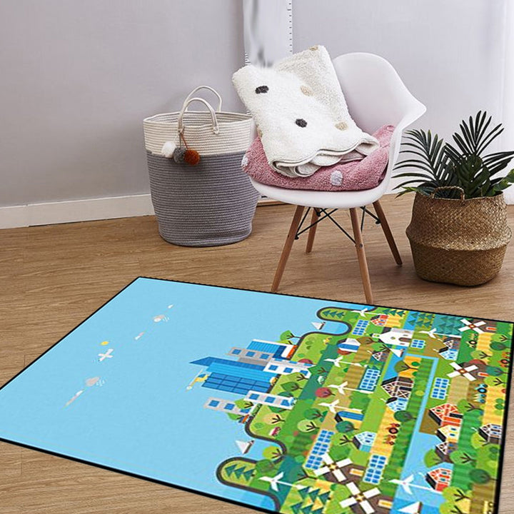 Lisslune | Unique Construction Pattern Rug Blue Children's Rug Polyester Washable Pet-Friendly Non-Slip Rug for the Children's Room