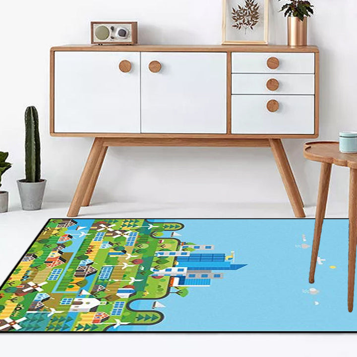 Lisslune | Unique Construction Pattern Rug Blue Children's Rug Polyester Washable Pet-Friendly Non-Slip Rug for the Children's Room