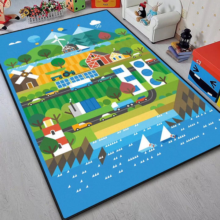 Lisslune | Unique Construction Pattern Rug Blue Children's Rug Polyester Washable Pet-Friendly Non-Slip Rug for the Children's Room
