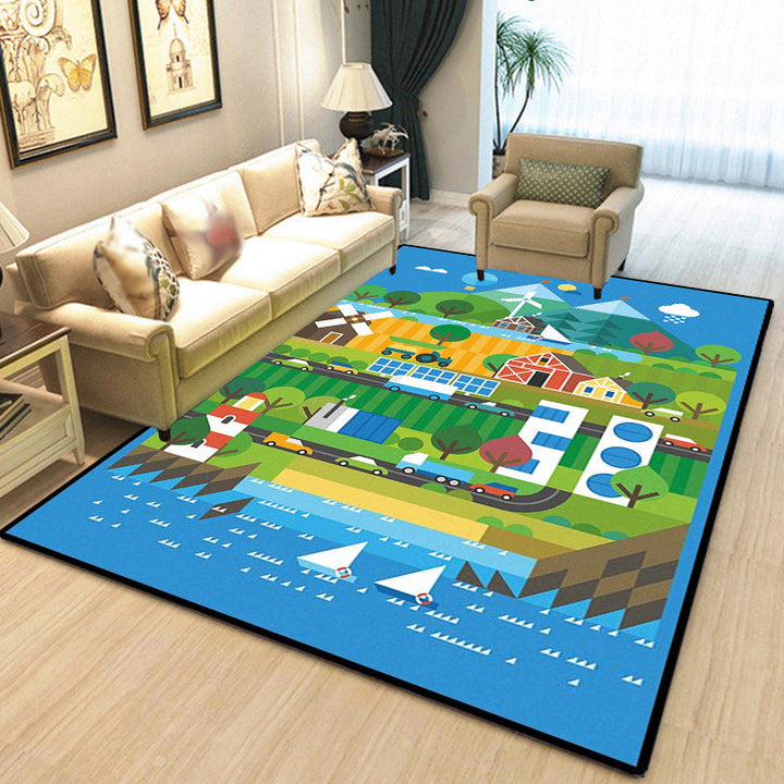 Lisslune | Unique Construction Pattern Rug Blue Children's Rug Polyester Washable Pet-Friendly Non-Slip Rug for the Children's Room