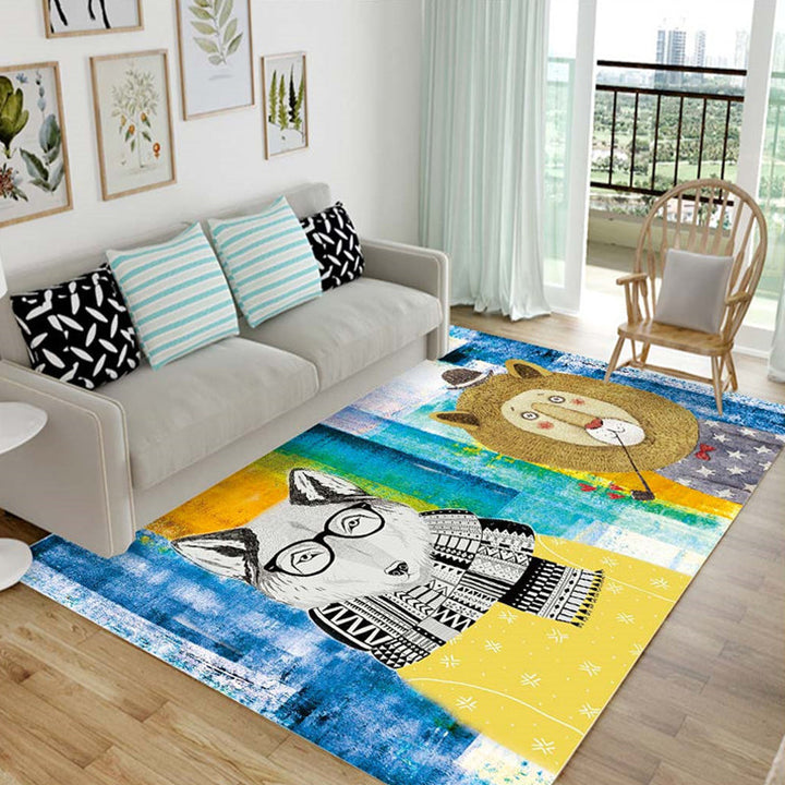 Lisslune | Children's animal pattern rug black and blue acrylic rug washable pet-friendly non-slip rug for the children's room