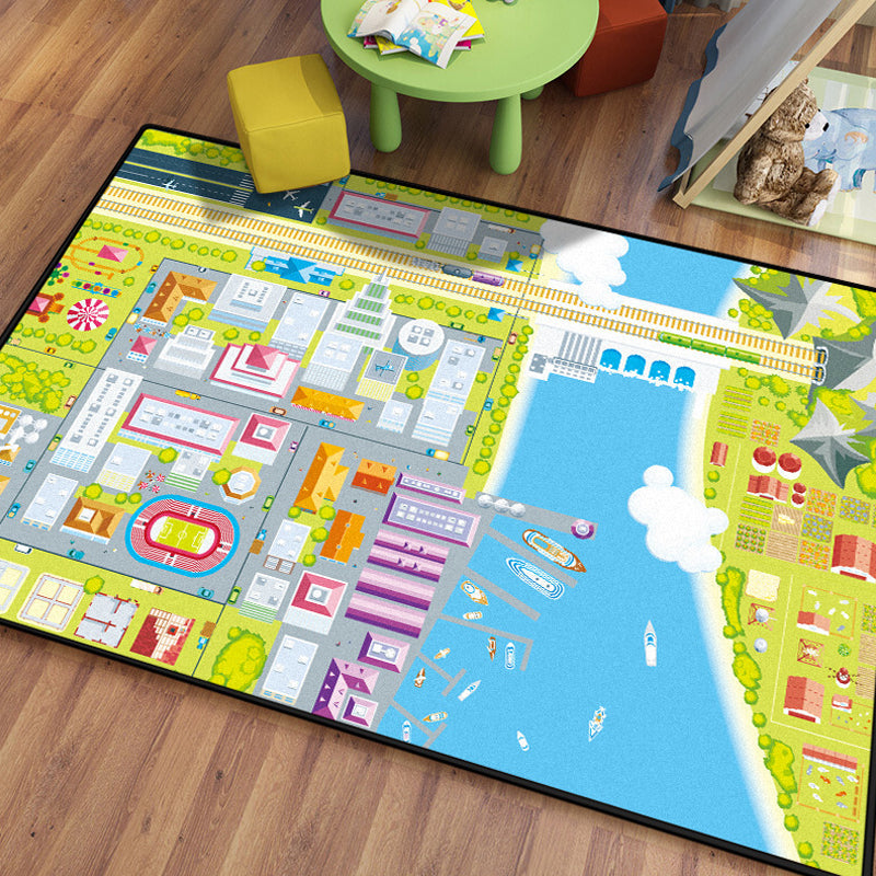 Lisslune | Stylish house sample rug with river green and blue children's rug made of polyester, pet-friendly, washable rug for the children's room