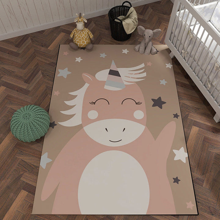 Lisslune | Unique cartoon animal pattern rug with star black and pink children's rug polyester washable pet-friendly non-slip rug for children's room