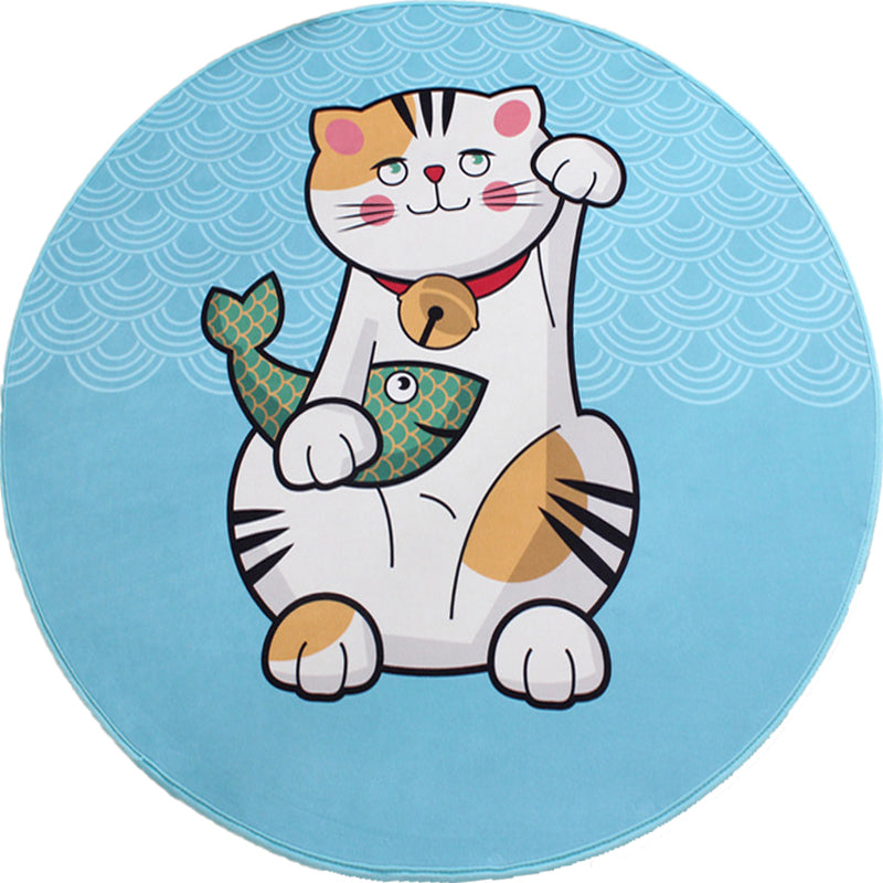 Lisslune | Kids Cat Pattern Rug Blue and Pink Polyester Rug Washable Pet-Friendly Non-Slip Rug for the Children's Room
