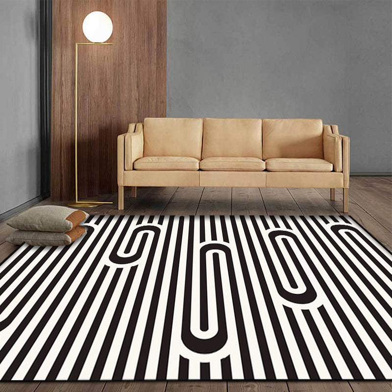 Lisslune | Modern Striped Pattern Carpet Black and White Polyester Carpet Washable Pet Friendly Non-Slip Area Rug for Living Room