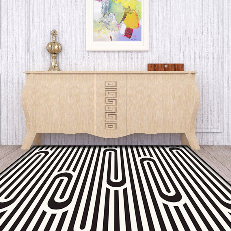 Lisslune | Modern Striped Pattern Carpet Black and White Polyester Carpet Washable Pet Friendly Non-Slip Area Rug for Living Room