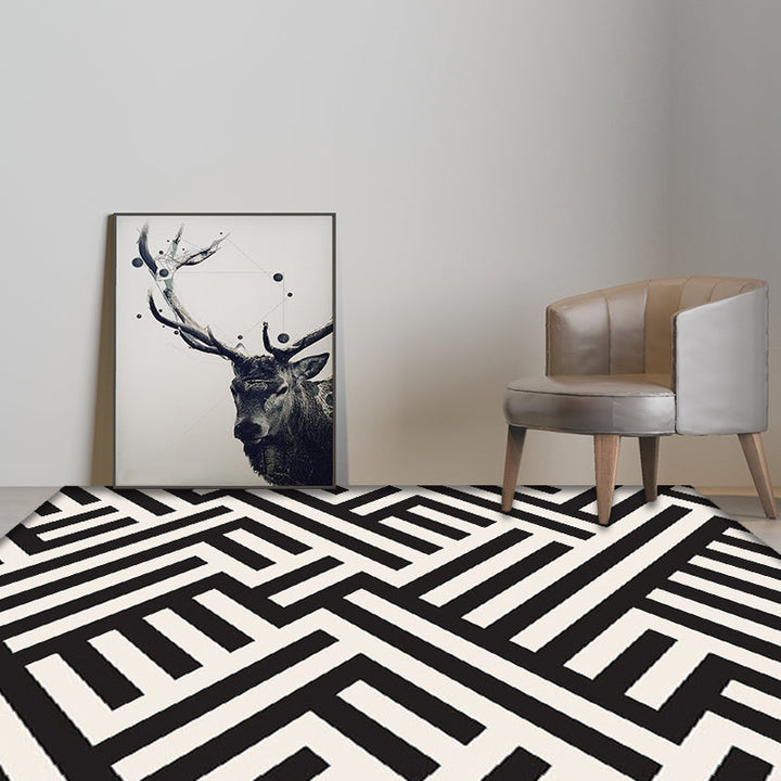 Lisslune | Modern Striped Pattern Carpet Black and White Polyester Carpet Washable Pet Friendly Non-Slip Area Rug for Living Room