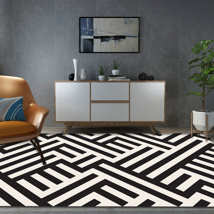 Lisslune | Modern Striped Pattern Carpet Black and White Polyester Carpet Washable Pet Friendly Non-Slip Area Rug for Living Room