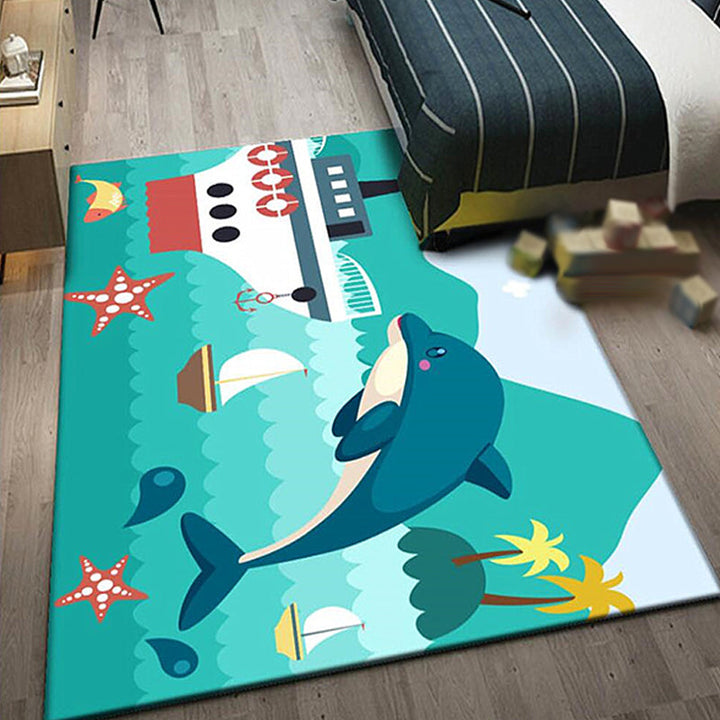Lisslune | Kids Ship Pattern Carpet with Dolphin Blue Polyester Carpet Washable Pet-friendly Non-slip Carpet for the Children's Room