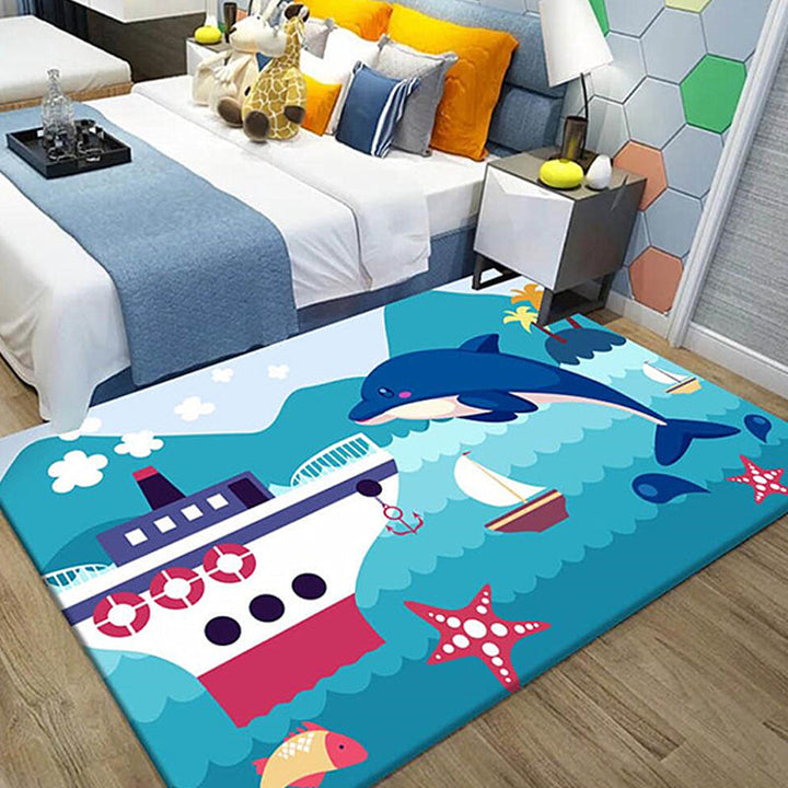 Lisslune | Kids Ship Pattern Carpet with Dolphin Blue Polyester Carpet Washable Pet-friendly Non-slip Carpet for the Children's Room