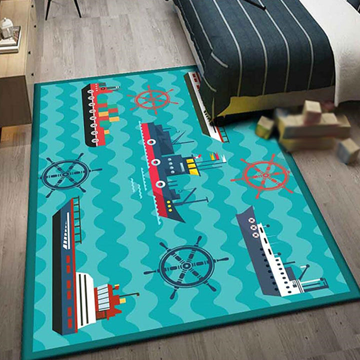 Lisslune | Kids Ship Pattern Carpet with Dolphin Blue Polyester Carpet Washable Pet-friendly Non-slip Carpet for the Children's Room
