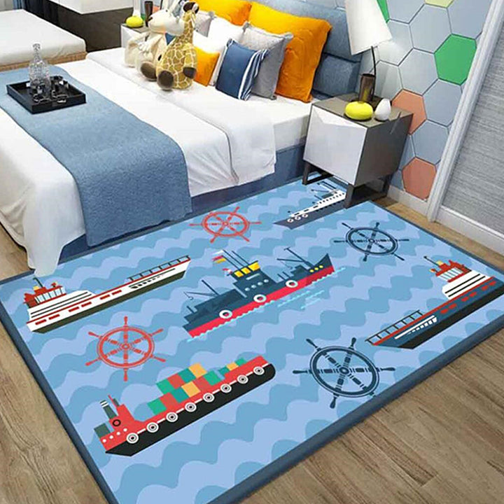 Lisslune | Kids Ship Pattern Carpet with Dolphin Blue Polyester Carpet Washable Pet-friendly Non-slip Carpet for the Children's Room