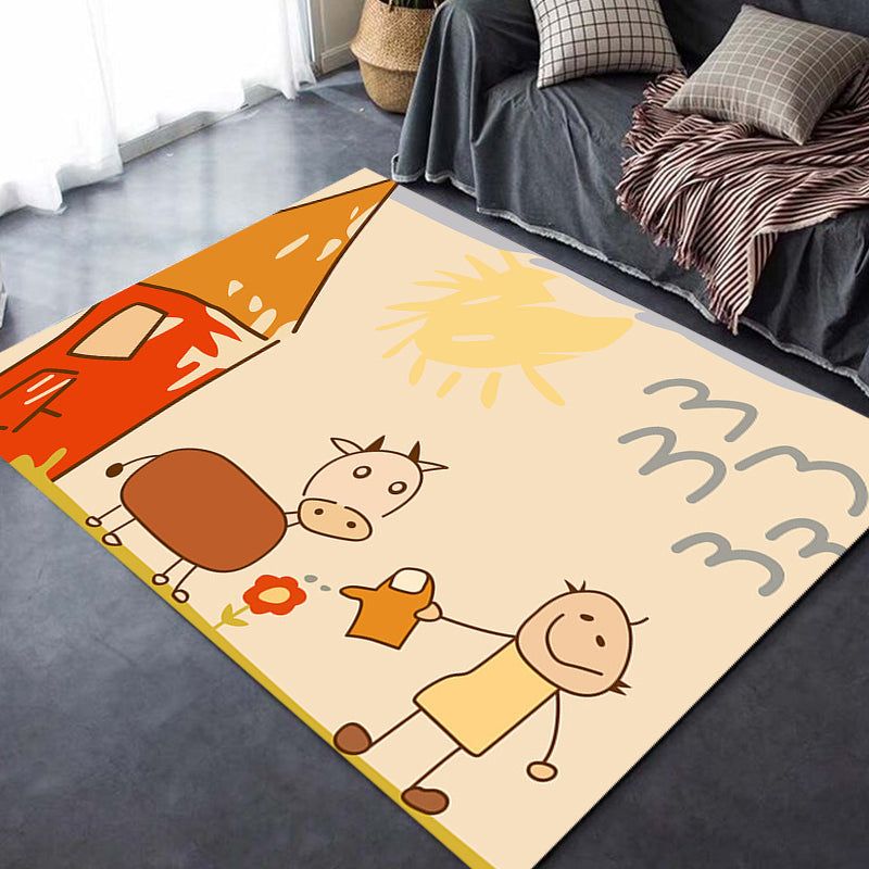 Lisslune | Cute Painting Pattern Rug Orange Kids Rug Polyester Pet Friendly Washable Area Rug for Kids Room