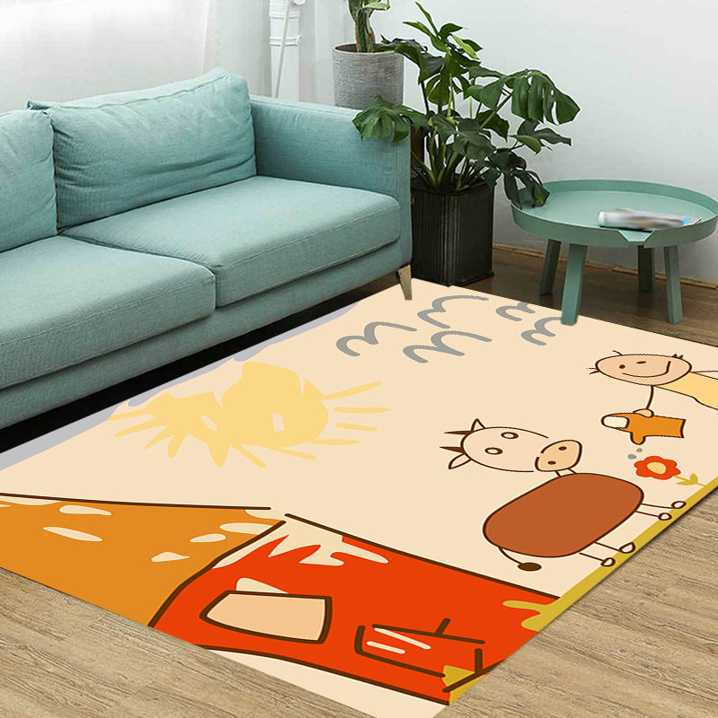 Lisslune | Cute Painting Pattern Rug Orange Kids Rug Polyester Pet Friendly Washable Area Rug for Kids Room