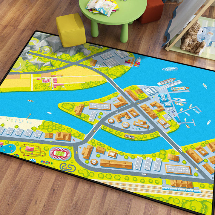 Lisslune | Kids Island Pattern Rug Green and Blue Polyester Rug Washable Pet-Friendly Non-Slip Rug for the Children's Room