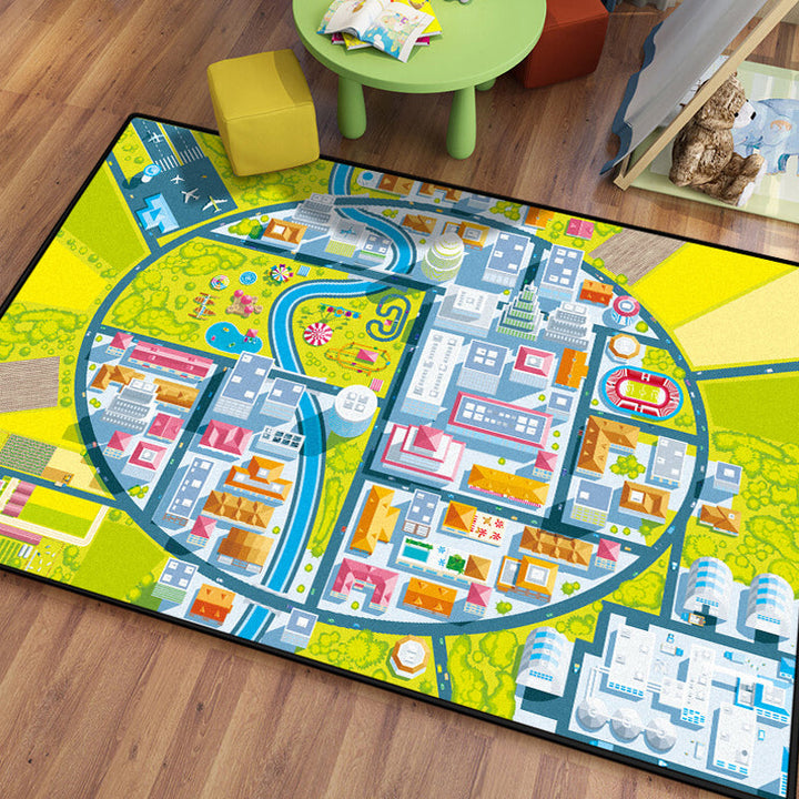 Lisslune | Kids Island Pattern Rug Green and Blue Polyester Rug Washable Pet-Friendly Non-Slip Rug for the Children's Room