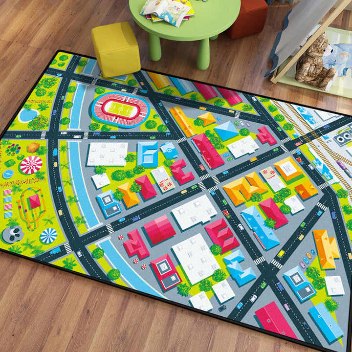 Lisslune | Kids Island Pattern Rug Green and Blue Polyester Rug Washable Pet-Friendly Non-Slip Rug for the Children's Room