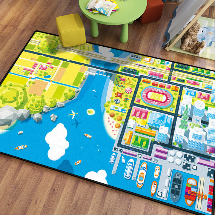 Lisslune | Kids Island Pattern Rug Green and Blue Polyester Rug Washable Pet-Friendly Non-Slip Rug for the Children's Room