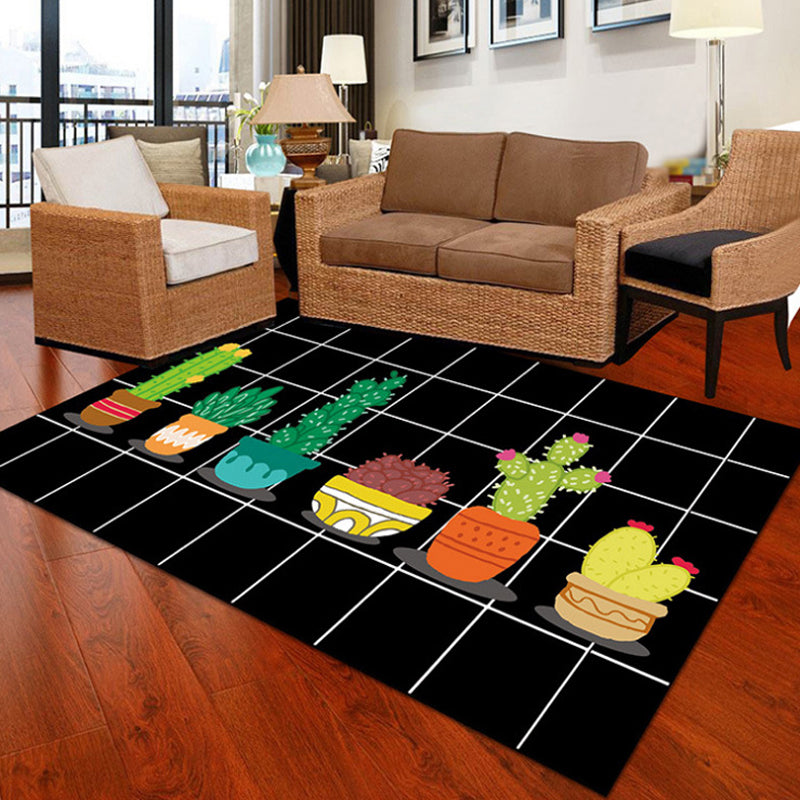 Lisslune | Children Cactus Pattern Rug Black and Green Polyester Rug Washable Pet-Friendly Non-Slip Area Rug for the Children's Room
