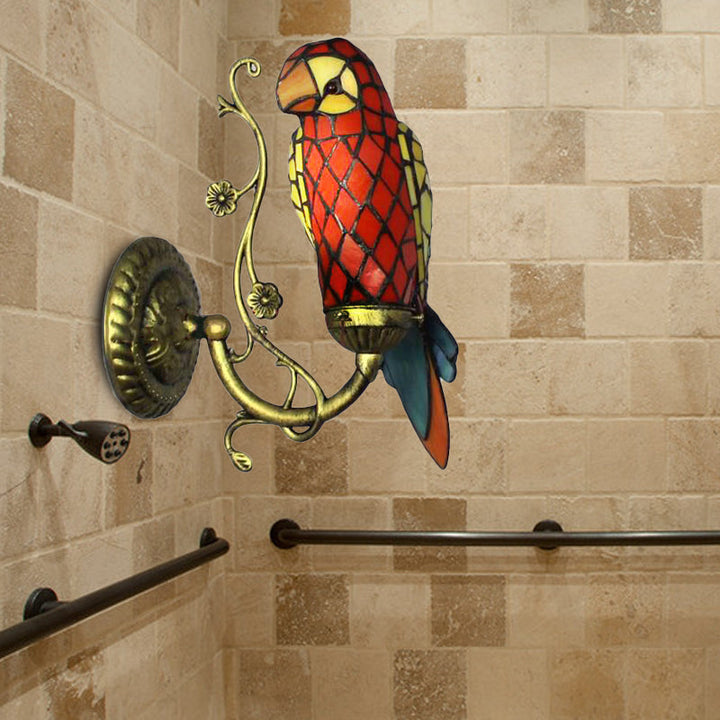 Lisslune | Rustic Vintage Red/Blue Parrot Wall Lamp Tempered Glass 1 Light Wall Fixture Lighting in Brass