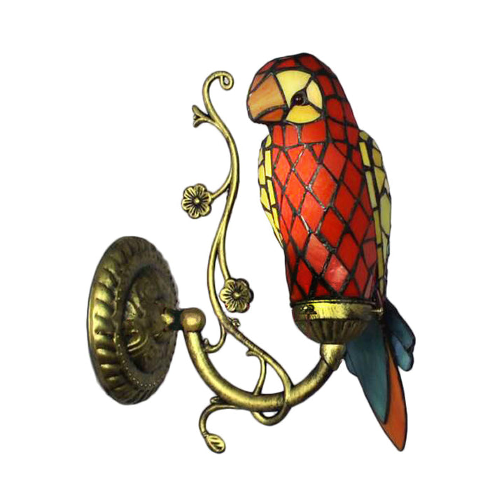 Lisslune | Rustic Vintage Red/Blue Parrot Wall Lamp Tempered Glass 1 Light Wall Fixture Lighting in Brass