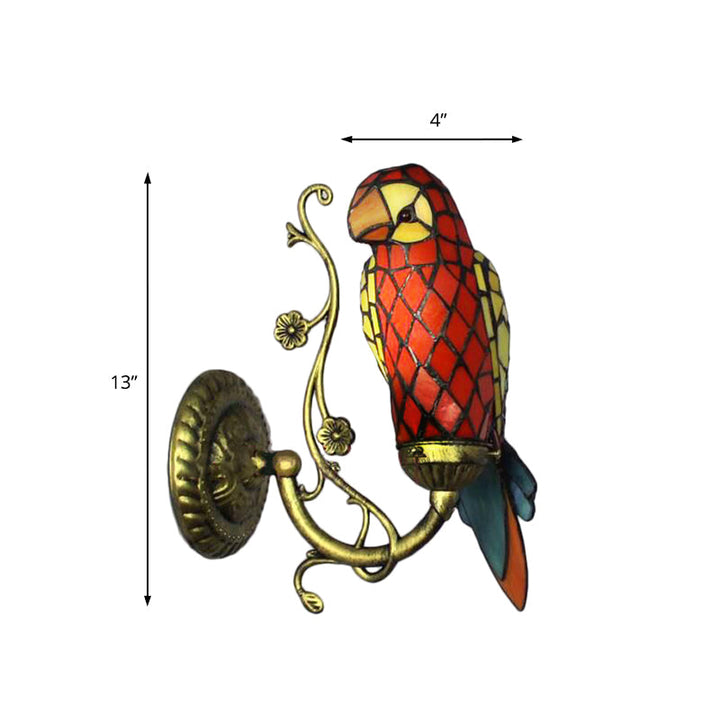Lisslune | Rustic Vintage Red/Blue Parrot Wall Lamp Tempered Glass 1 Light Wall Fixture Lighting in Brass