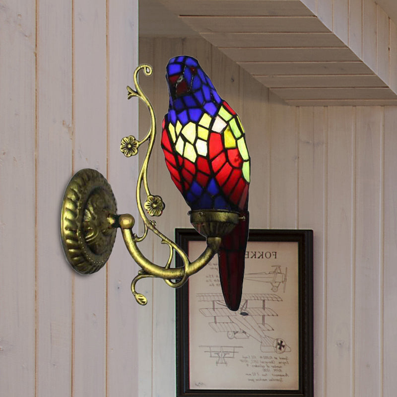Lisslune | Rustic Vintage Red/Blue Parrot Wall Lamp Tempered Glass 1 Light Wall Fixture Lighting in Brass