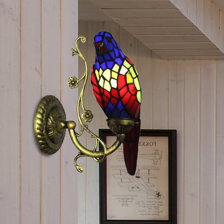 Lisslune | Rustic Vintage Red/Blue Parrot Wall Lamp Tempered Glass 1 Light Wall Fixture Lighting in Brass