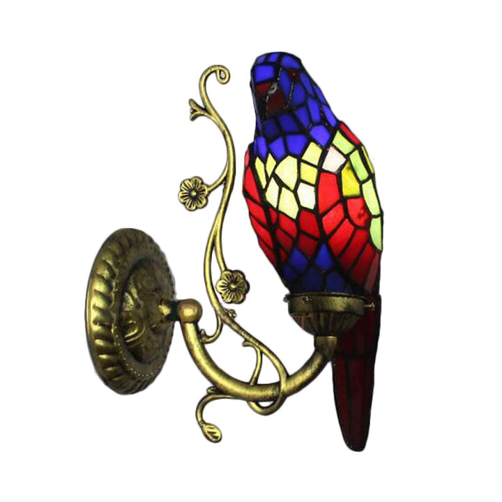 Lisslune | Rustic Vintage Red/Blue Parrot Wall Lamp Tempered Glass 1 Light Wall Fixture Lighting in Brass