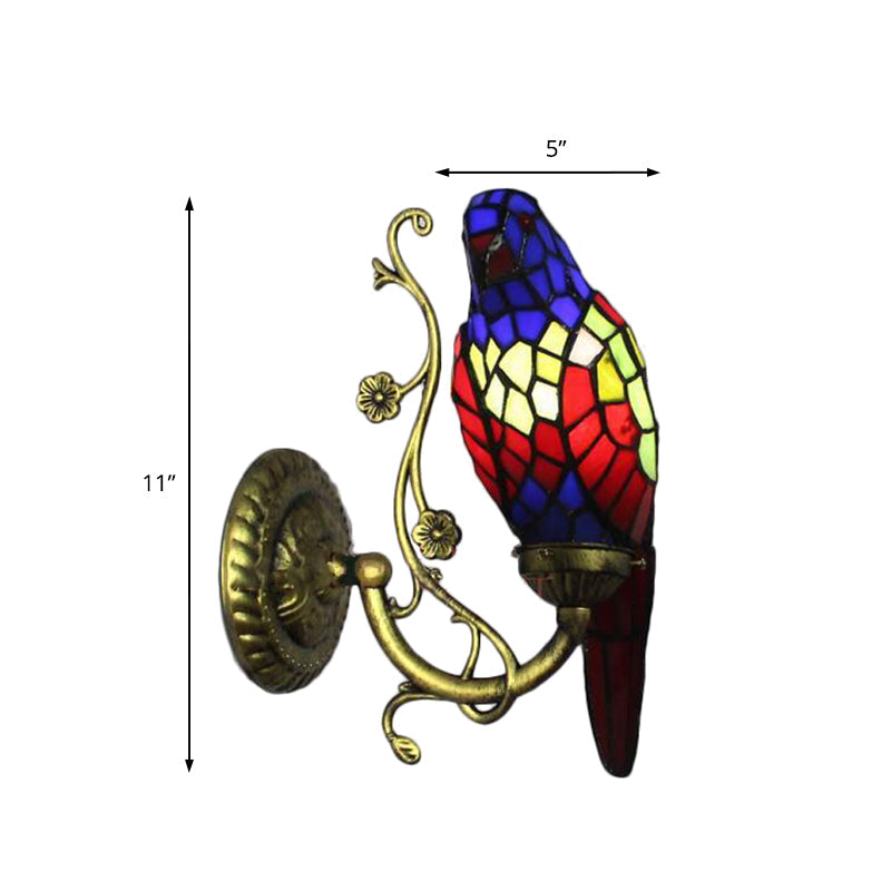 Lisslune | Rustic Vintage Red/Blue Parrot Wall Lamp Tempered Glass 1 Light Wall Fixture Lighting in Brass