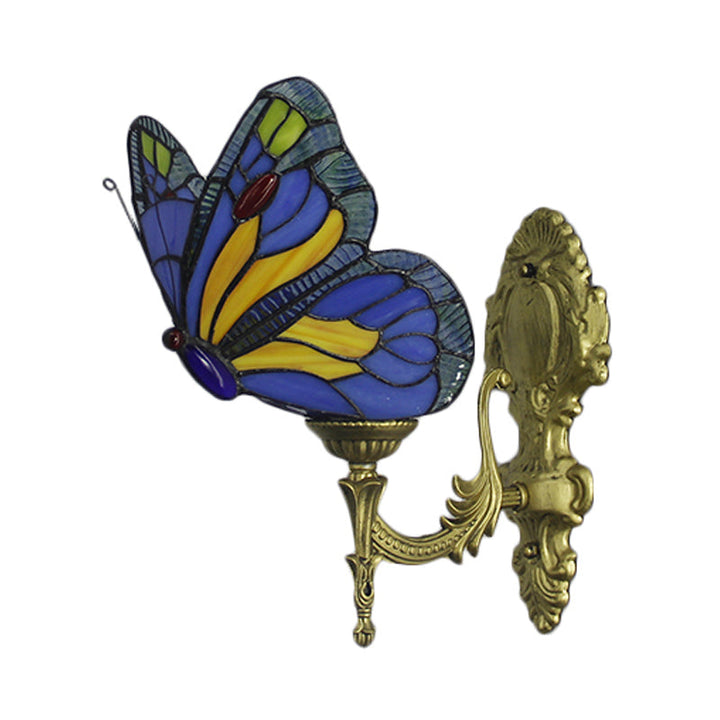 Lisslune | Brass Finish Butterfly Wall Lighting Fixture Lodge Stained Glass 1-Bulb Wall Lighting in Red/Blue