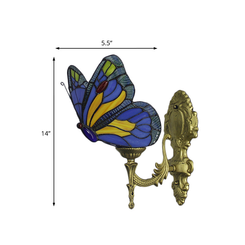 Lisslune | Brass Finish Butterfly Wall Lighting Fixture Lodge Stained Glass 1-Bulb Wall Lighting in Red/Blue