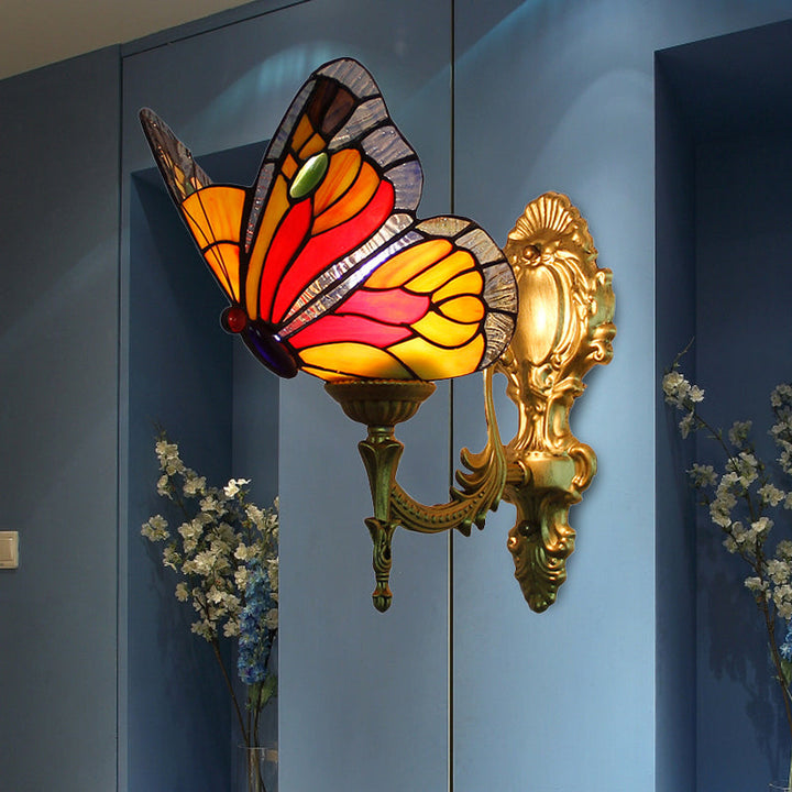 Lisslune | Brass Finish Butterfly Wall Lighting Fixture Lodge Stained Glass 1-Bulb Wall Lighting in Red/Blue