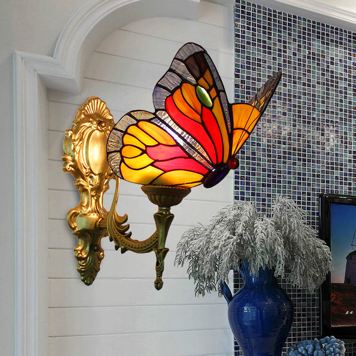 Lisslune | Brass Finish Butterfly Wall Lighting Fixture Lodge Stained Glass 1-Bulb Wall Lighting in Red/Blue