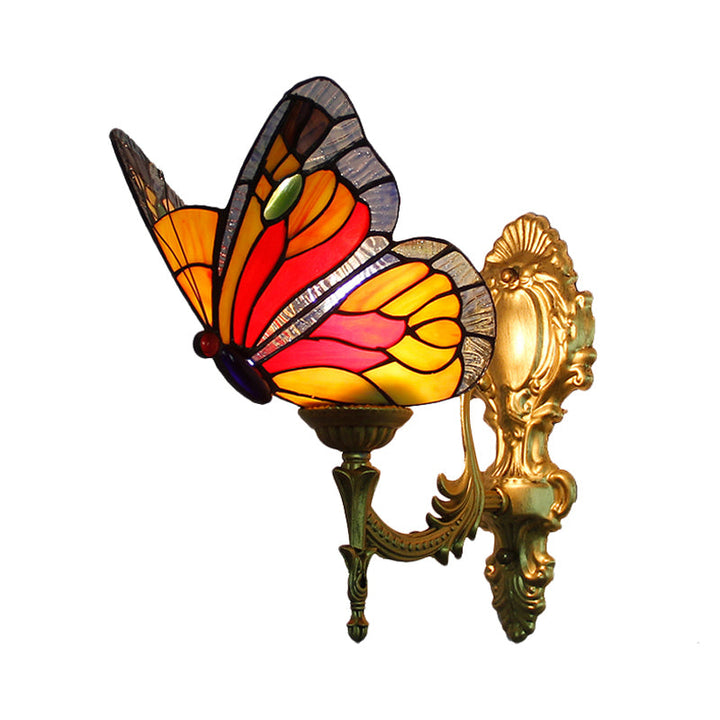 Lisslune | Brass Finish Butterfly Wall Lighting Fixture Lodge Stained Glass 1-Bulb Wall Lighting in Red/Blue
