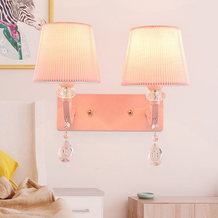 Skørter | Fabric pleated cone light with clear crystal for the girl's room children's wall lamp in pink version