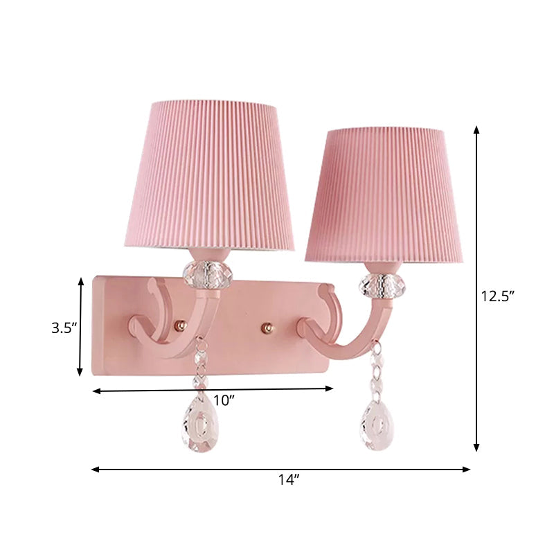 Skørter | Fabric pleated cone light with clear crystal for the girl's room children's wall lamp in pink version
