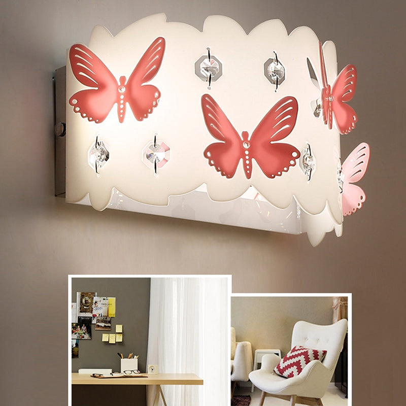 Skørter | Girls Bedroom Wall Light with Etched Pink Butterfly Metal Romantic White Wall Light